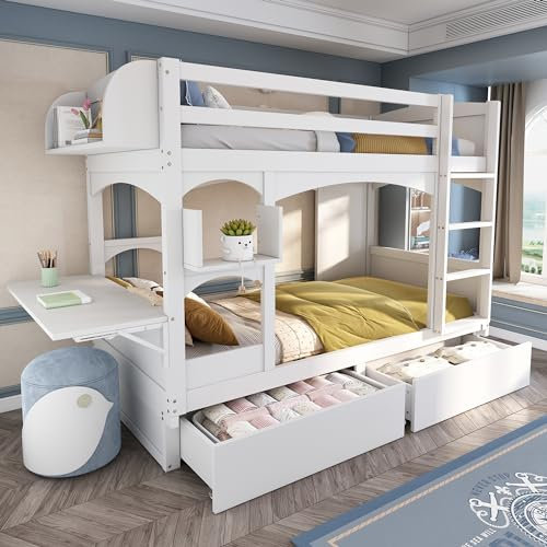 Merax Lit Superposé Enfant, Multifonctionnel Lit Mezzanine avec Tiroirs et Bureau, 2 Place 90 x 200 cm, Blanc (sans Matelas)