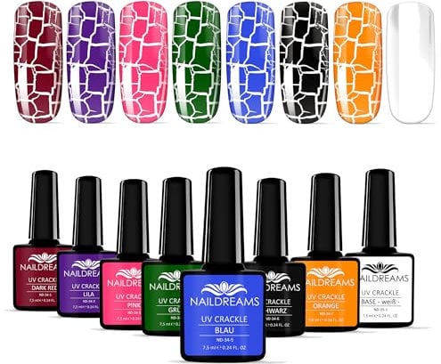 NAILDREAMS UV Shellac Crackle Set – 7 Farben + Crackle BASE Weiß – Kreatives Finish für einzigartige Nageldesigns, Qualität Made in Germany