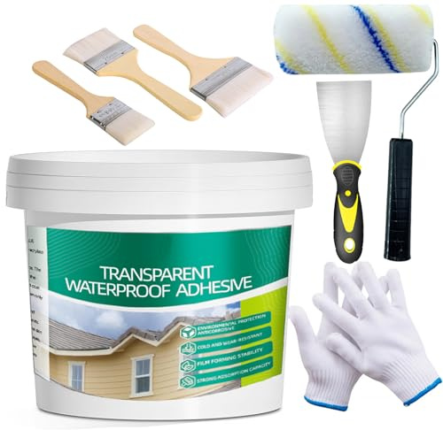 5Kg/202Fl.oz Transparent Waterproof Coating Invisible Waterproof Agent Set with Indoor&Outdoor Insulating Sealant with Wooden Brush Putty Shovel Cut Resistant Work Gloves Paint Roller(6L/1.58Gal)