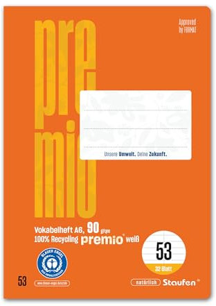 Staufen premio Vokabelheft - 5 Hefte je 32 Blatt, DIN A6, Lineatur 53 (mit Mittellinie), 90 g/m² Recyclingpapier