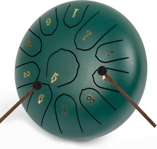LOMUTY Steel Tongue Drum C Major, 6 Inch 15 cm 11 Note Handpan, Steel Tongue Drum for Healing Through Sound, Meditation, Yoga, Rain Drum as a Gift, Green
