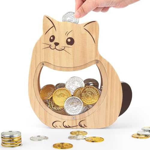 Foyucool Spardose Kinder Holz, Personalisiert Sparschwein für Jungen Mädchen, Verdickte Tierspardose für Münzen und Bargeld, mit DIY Aufkleber, für Geburtstag und Festival, Katze