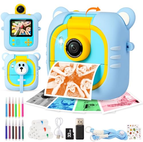 ARNSSIEN Appareil Photo Instantané, 4 Rouleaux Colorés (R/Or/B/V) + 3 N& B,2,4 Appareil Photo Enfant avec 1080P & 180° Objectif & Carte de 32GB,Cadeau Noël/Anniversaire pour Filles & Garçons,M2
