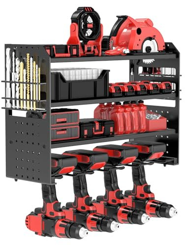 Werkzeugspeicher Wandhalterung Schlagbohrschrauber Werkzeugregal, Metall Schwere Garage Werkzeug Werkstatt Organizer mit seitlichem Schraubendreher-Gestell für Garage Werkstatt (Schwarz, 4-Kamera)