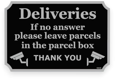 Sticker Gold - 12cm DELIVERIES PARCEL BOX NOTICE Self Adhesive Stickers - Sign, Front Door, Courier, Postman, Black/Grey SG035
