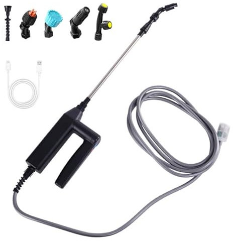 Hojalis Battery Powered Sprayer, 7.4V Rechargeable Garden Sprayer with Telescopic Wand, 5M Hose, 5 Nozzles, 3 Spraying Force & Battery Indicator, Electric Garden Sprayers for Lawns, Weeds, Plants