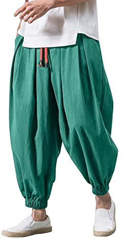 Pantalon Sarouel élastique Mode pour Hommes Pantalons Larges Décontractés Japonais Coton Lin D'été Baggy Large Ample Harem Pant de Sport Jogging Hip Hop Streetwear Plage