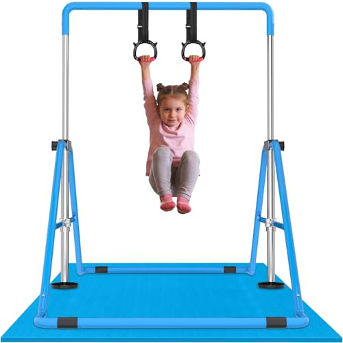 WATBKHE Gymnastikstange Kinder, Faltbar Reckstange Turnreck | Höhenverstellbar 90-130 cm, inkl. Ringe & Matte, für Indoor/Outdoor, Turnstange Trainingsgerät für Kinder 3-7 J. bis 100 kg
