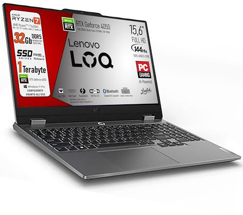 Lenovo Notebook Gaming Ryzen 7 7435Hs, RAM DDR5 32 Gb GeForce RTX 4050 6GB, SSD 1Tb, IPS DISPLAY 15,6 sRGB 100%, 144Hz, G-SYNC, Tastiera Qwerty Italiana, ready to use