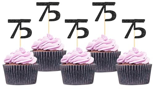 Sotpot 30 Pack Happy 75th Cupcake Toppers 75 Birthday Cake Decorations for 75th Birthday Wedding Anniversary Party Supplies Black Glitter