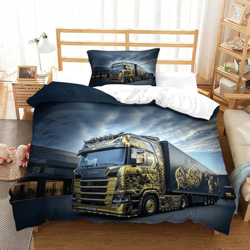 LILIlaobiao Lorry Design Bettwäsche Single（135x200cm）, Wärme Zum Schlafen Bed Linen Set Atmungsaktiv LKW Bettbezug Reißverschluss Duvet Cover Mit Kissenbezüge: 80 X 80cm