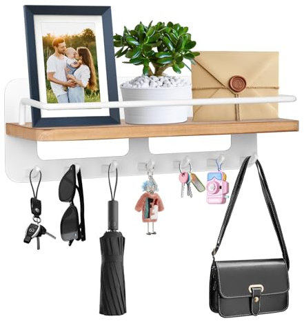LONHCHI Schlüsselbrett mit Ablage, Schlüsselbrett Holz Ohne Bohren, Dekoratives Schlüsselhalter mit 7 Haken, Wandmontage Schlüsselablage Organizer für Eingang, Flur, Wohnzimmer, Schlafzimmer (Weiß)