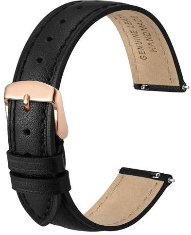 Anbeer 20mm Bracelet de montre en cuir véritable plat et élégant,bracelet de remplacement à fermeture rapide,noir avec boucle or rose