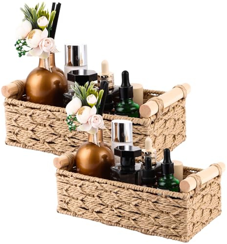 LOLYSIC 2 Stück Aufbewahrungskorb Badezimmer, Aufbewahrungskorb Geflochten mit Holzgriffen, Deko Aufbewahrungsbox, Rattankorb aus Gewebtem, Stapelbare Regalkörbe (30x20x10CM / 25x15x8CM)