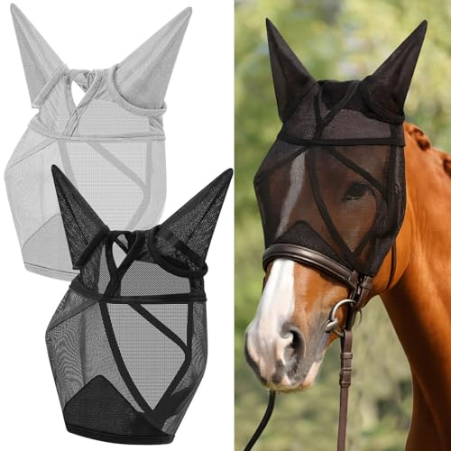 Sunnymove 2 Pcs Horse Fly Mask with Ears Adjustable UV Protection Horse Fly Mask Accessories Large Eye Space with Ears for Horses Summer, Black and Gray(L)