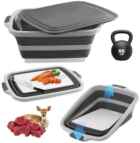 Collapsible BBQ Prep Tub with Cutting Board & Lid - XXL 7.95 Gal / 66 lb - Reusable Grilling Accessories - BPA-Free, Hand Wash (Drain Hole) - Outdoor, Boating, Hunting - Gift for Men