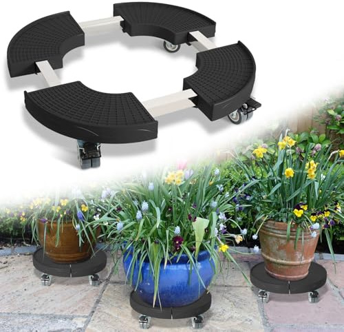 Monucep Pflanzenroller Einstellbare 38-54 cm, Rollbrett Pflanzen Tragkraft 200kg, Blumenroller Rund mit 360 ° Drehbare Rädern, Blumentopf Gefäßroller für den Innen- und Außenbereich, Schwarz