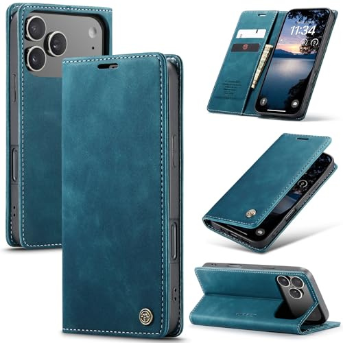 Cracedily Handyhülle für iPhone 17 Pro Hülle, Klapphülle Premium Lederhülle Klappbar Flip Case Tasche Magnet Kartenfach Standfunktion Klapphülle Schutzhülle für iPhone 17 Pro, Blaugrün