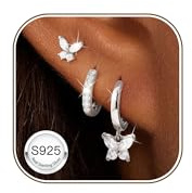 3 Paar Ohrringe Silber 925 Set Damen Gold 18K Vergoldet Klein Ohrstecker | Creolen Hypoallergen,Wasserfest,Stapelbar,Zirkonia Schmetterling Kleeblatt,Helix Piercing Schmuck,Geschenk Frauen Mädchen