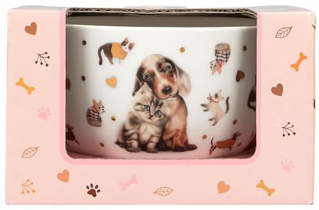 Depesche 13867 TOPModel Fur ever Friends - Müslischale in Weiß, mit Model Motiv, Hunden, Katzen und Gold, Schüssel mit Innenschrift Happy Day