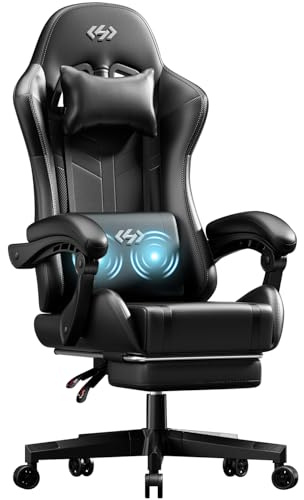 HLONONE Gaming Stuhl mit Massagefunktion, Ergonomischer Gaming Chair | Fußstütze, Kopfstütze und Massage Lendenkissen, Verstellbare Rückenlehne, für Homeoffice und Gaming, bis 150kg, Schwarz