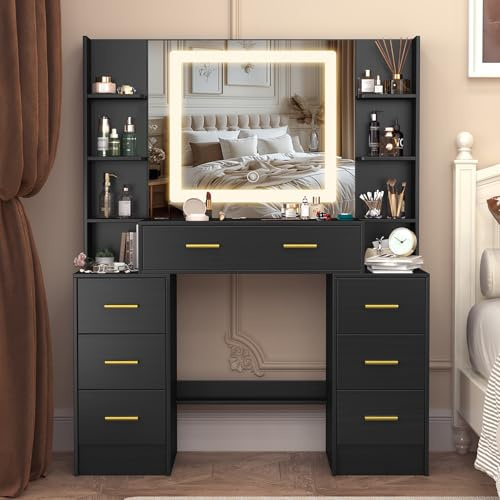 Umeiga 110 cm Large Dressing Table with LED Lights, Black Vanity Desk Set with 8 Drawers, 6 Open Storage Shelves, 3 Light Colours Adjustable, Modern Makeup Table Black
