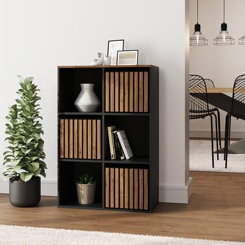 GFW Kube Cube Storage Unit with Open & Hidden Storage, Black & Walnut Effect Shelving Unit for Living Room, Bedroom or Office