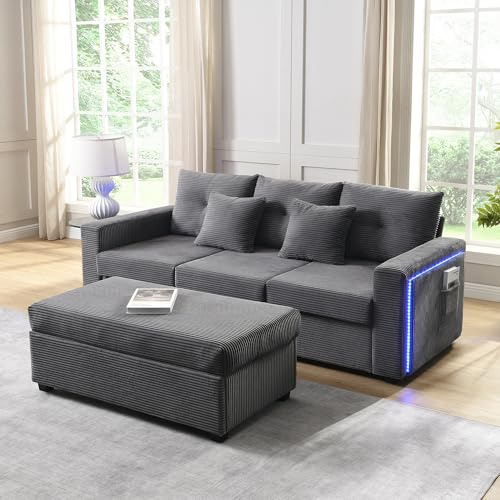 Merax modularer LED-Sofa-Set, L-Form, mit 3-Sitzer und abnehmbarem XXL-Ottoman, Cordstoff, hochdichtem Komfortschaum, Aufbau, Seitentaschen, Grau