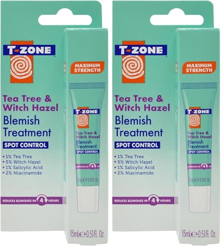 T-Zone Tea Tree & Witch Hazel Blemish Treatment Gel 15ml, Rapid Spot Treatment with Salicylic Acid & Niacinamide, Targets, Calms & Prevents Spots, Pimples & Breakouts for Clearer Skin (Pack of 2)