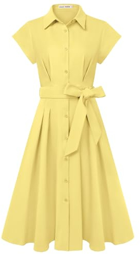 GRACE KARIN Damen Sommer Kurzarm Kleid Knöpfen Midi Blusenkleid mit Taschen | Reverskragen, Taillengürtel, elegante A-Linie – perfekte Blusenkleid-Silhouette. Ideal für Freizeit, Büro, Hochzeit