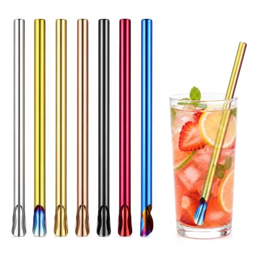 HEMOTON 7 Stück 2-in-1 Löffelstrohhalme aus Edelstahl, Wiederverwendbare Strohhalme mit Löffel, Metallstrohhalme für Slush Eis, Smoothie, Eiskaffee, Milchshake, Cocktail und Eiscreme Soda