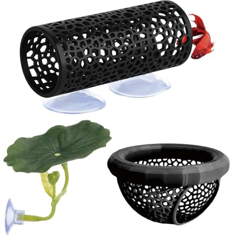 RQcMid 3 Stück Aquarium Deko Set, Kampffisch Zubehör mit Höhlen und Tunneln, Künstliche Wasserpflanzen für Fische und Garnelen, Ideal als Versteck und Dekoration