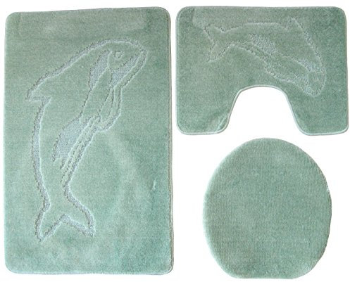 Ilkadim Delfin Badgarnitur 3 TLG. Set 55x85 cm Pistazie grün WC Vorleger mit Ausschnitt für Stand-WC