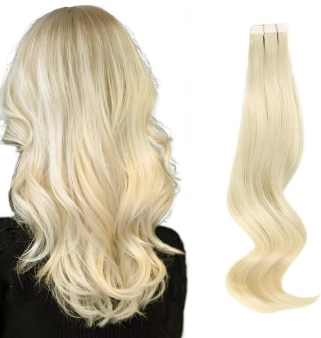 ABH AMAZINGBEAUTY HAIR Tape In Haarverlängerung 40cm Platinblond #60 50g | Remy Echthaar, Skin Weft, Doppelseitig, 20 Stück, Nahtlos, Unsichtbar, Wiederverwendbar, Haarverlängerung, No Shedding
