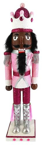 Nutcracker Ballet Gifts Figurine ethnique Casse-noisette en bois soldat Roi avec uniforme de soutien du cancer du sein rose avec paillettes, paillettes et strass, taille L, 38,1 cm