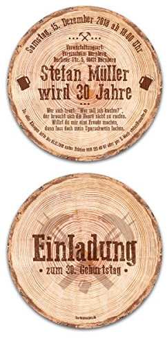 Kartenmachen.de 10 x Runde Einladungskarten Geburtstag Durchmesser 148 mm Baumscheibe Holzscheibe Rustikal Einladung