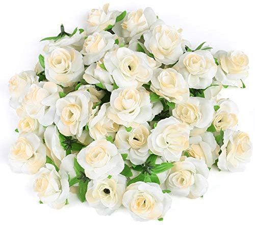 Kesote 50 Stück Künstliche Blumenköpfe Blütenköpfe Kunst Blumen Rosen Köpfe für Hochzeit Party Deko DIY (Ø 4cm, Creme)