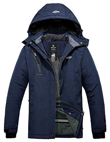 Wantdo Femme Veste de Ski Outdoor Manteau d'hiver Chaud avec Capuche Amovible Veste Imperméable Coupe-Vent Veste Randonnée pour Voyage Bleu Foncé 2 S