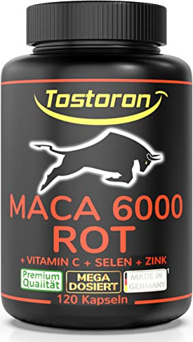 Tostoron MACA 6000 ROT hochdosiert - hol dir jetzt den TOSTORON HAMMER direkt nach Hause! 120 Maca Extrakt Kapseln aus roten Maca Wurzeln + Zink, Selen, natürliches Vitamin C, 1 Dose (1x94,2g)