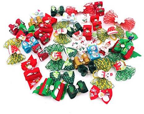 JpGdn 50 lazos para el pelo de Navidad para perros pequeños con árbol de Navidad, Papá Noel muñeco de nieve, diamantes de imitación para perro, gato, conejo, flores medianas para mascotas, bowknot