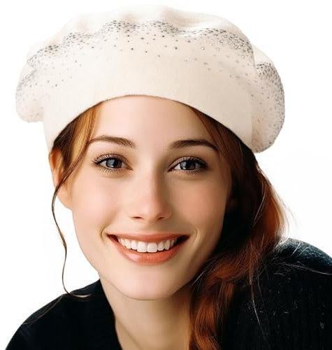 LADYBRO Strass Barett Hüte für Damen 2 Schichten Wolle Französische Hut Damen Winter Warm Hut, Creme-44006, Einheitsgröße