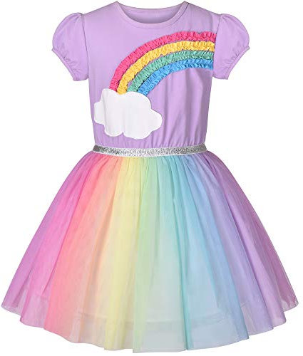 Vestito Bambina Viola Manica Corta Arcobaleno Tulle Gonna Festa di Compleanno 4 Anni