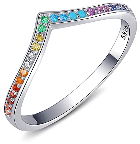 Qings Bunter CZ V-Form Ring, 925 Sterling Silber Wishbone Verlobungs- und Ehering, Stapelbar für Damen und Mädchen