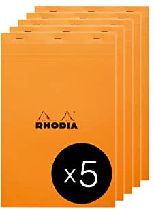 Rhodia 19660C - Packung mit 5 Notizblöcken geheftet No.19 A4+ 21x31,8cm 80 Blätter gelb liniert mit Rand 80g, Orange, 1 Pack