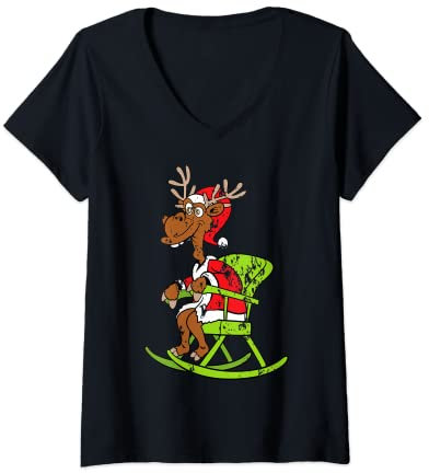 Damen Rentier Schaukelstuhl Weihnachten Santa Claus Vintage Retro T-Shirt mit V-Ausschnitt