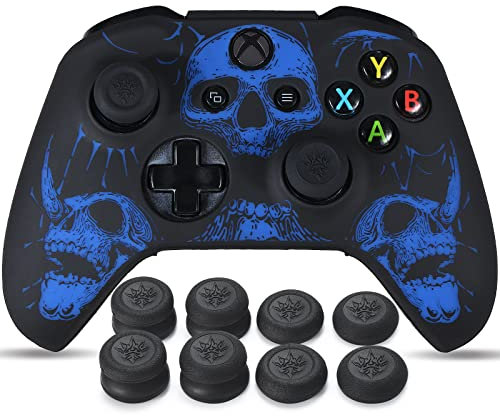 YoRHa Laserschnitzen Silikon Hülle Haut für Xbox One S/X Controller x 1 (Blau) mit Pro Thumb Grips Aufsätze x 8