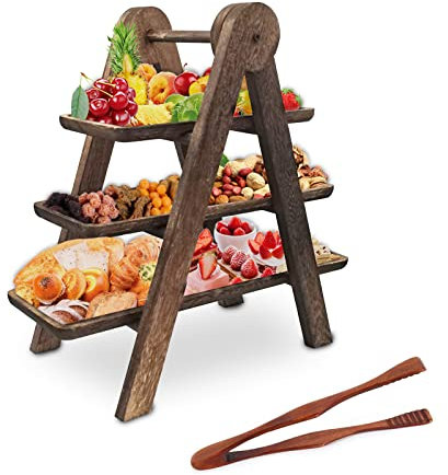 Serviertablett aus Holz mit 3 Ebenen, Leiter für Desserts, mit drei abnehmbaren rechteckigen Platten, rustikales Bauernhaus, unterhaltsame Obstteller, Käsebretter für Party, mit Lebensmittelzange,