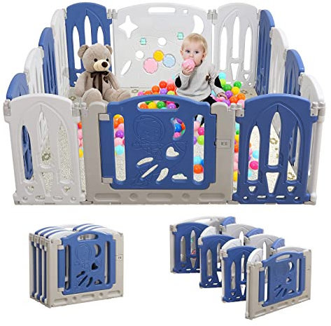 UISEBRT Laufstall Baby Faltbar Laufgitter Absperrgitter mit Tür und Spielzeugboard Spielzaun aus Kunststoff, Schutzgitter für Kinder, Baby Krabbelgitter (Blau und weiß, 14 Paneele)