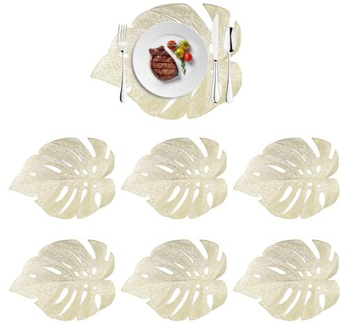 Tissting 6 Pezzi Tovagliette a Foglia d'oro Scavate Foglia di Simulazione a Forma di Stuoie da Tavola Tovagliette in PVC Lavabili e Resistenti al Calore per Presina Piatto, Decorazione da Tavola