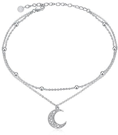 POPLYKE Mond Fußkettchen für Damen 925 Sterling Silber Doppelschichtige Kette Mond Knöchel Armband Mädchen Sommer Strand Schmuck